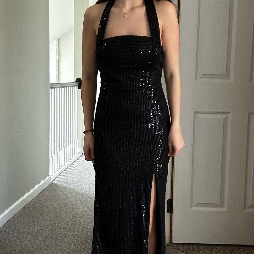 Black Sequin Halter Gown with Slit
